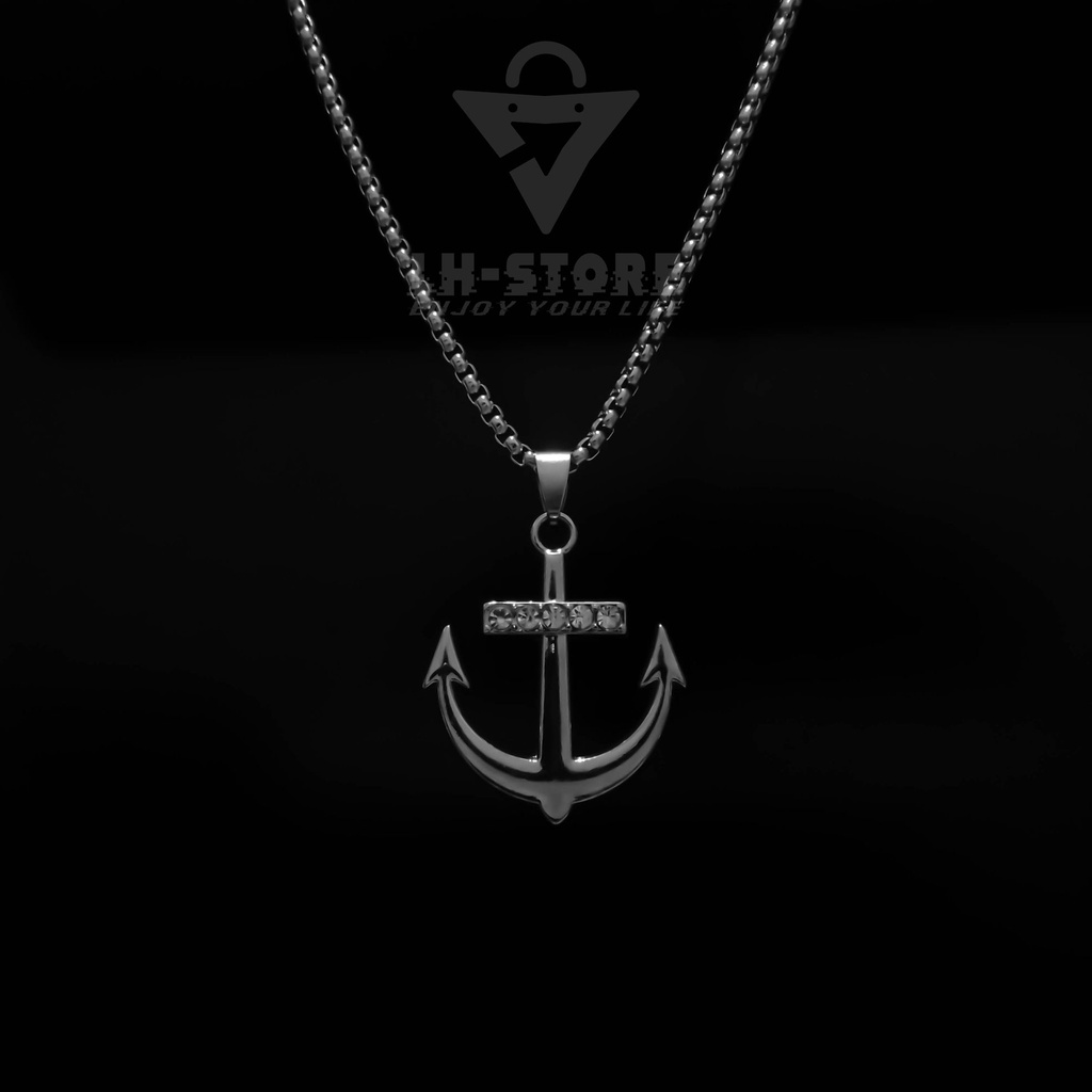 Kalung Titanium Set Liontin Jangkar Silver Permata Terbaru Keren Anti Karat