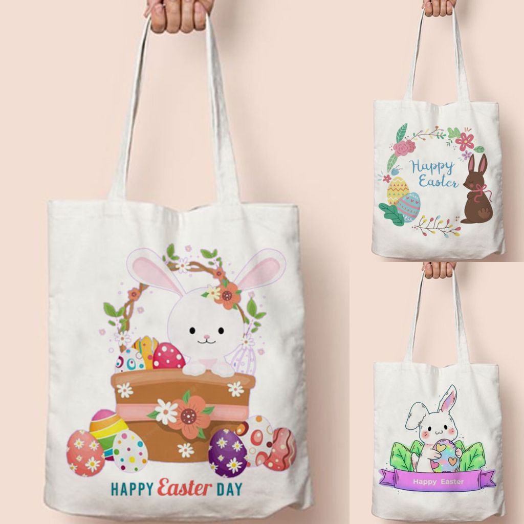 Totebag Tote Bag Happy Easter Hari Paskah Goodie Bag Souvenir Tas Kanvas Print Lucu