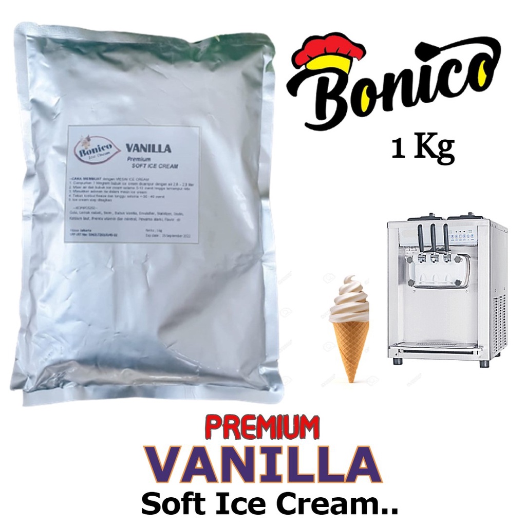 

BONICO VANILLA SOFT ICE CREAM POWDER 1kg PREMIUM bubuk tepung es krim VANILA utk Resto dan Cafe Cone Ice cream softmix soft serve distributor produsen grosir halal