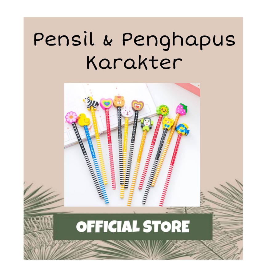 

pensil + penghapus karakter motif garis kayu karet rubber line model kartun hewan 2in1 pencil lucu unik peralat tulis sekolah anak kecil stationary titik polkadot cartoon