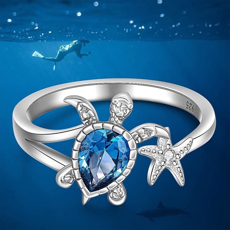 Perak Sea Turtle Starfish Rings Untuk Wanita Blue Topaz Lucu Laut Hadiah Hewan Cubic Zirconia Perhiasan Gadis Pesta Ulang Tahun