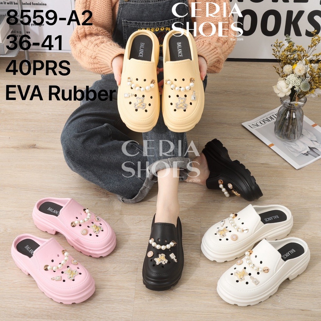 EVA Sandal Sepatu Wanita Import Bahan Spons Croc Jibbitz Mutiara Gold Tinggi 5 Cm Sol Tebal Anti Slip BALANCE 859