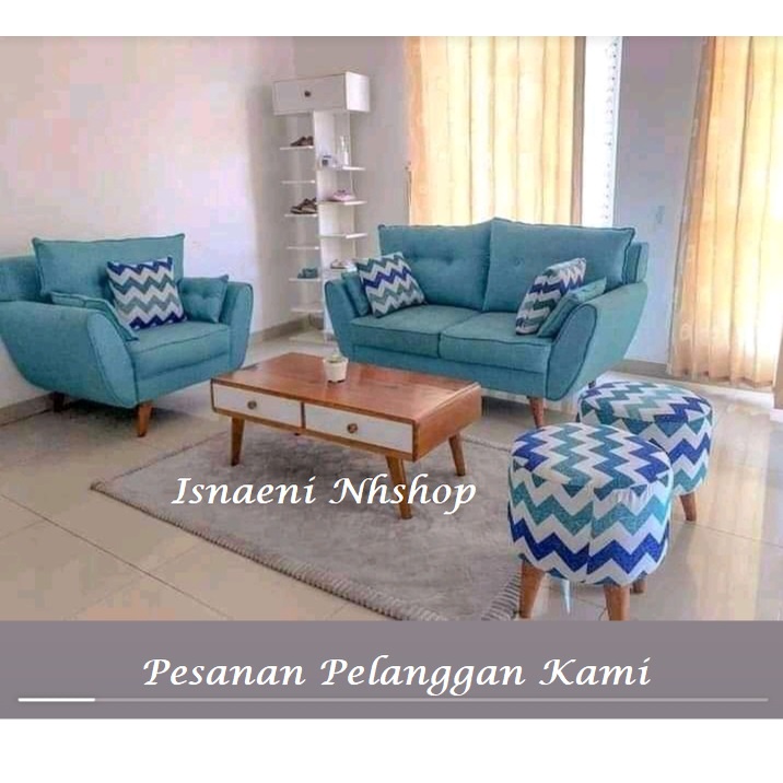 Set Sofa Retro 21 + Meja HPL + 2 Stool Furnitur Ruang Tamu Minimalis-BERGARANSI