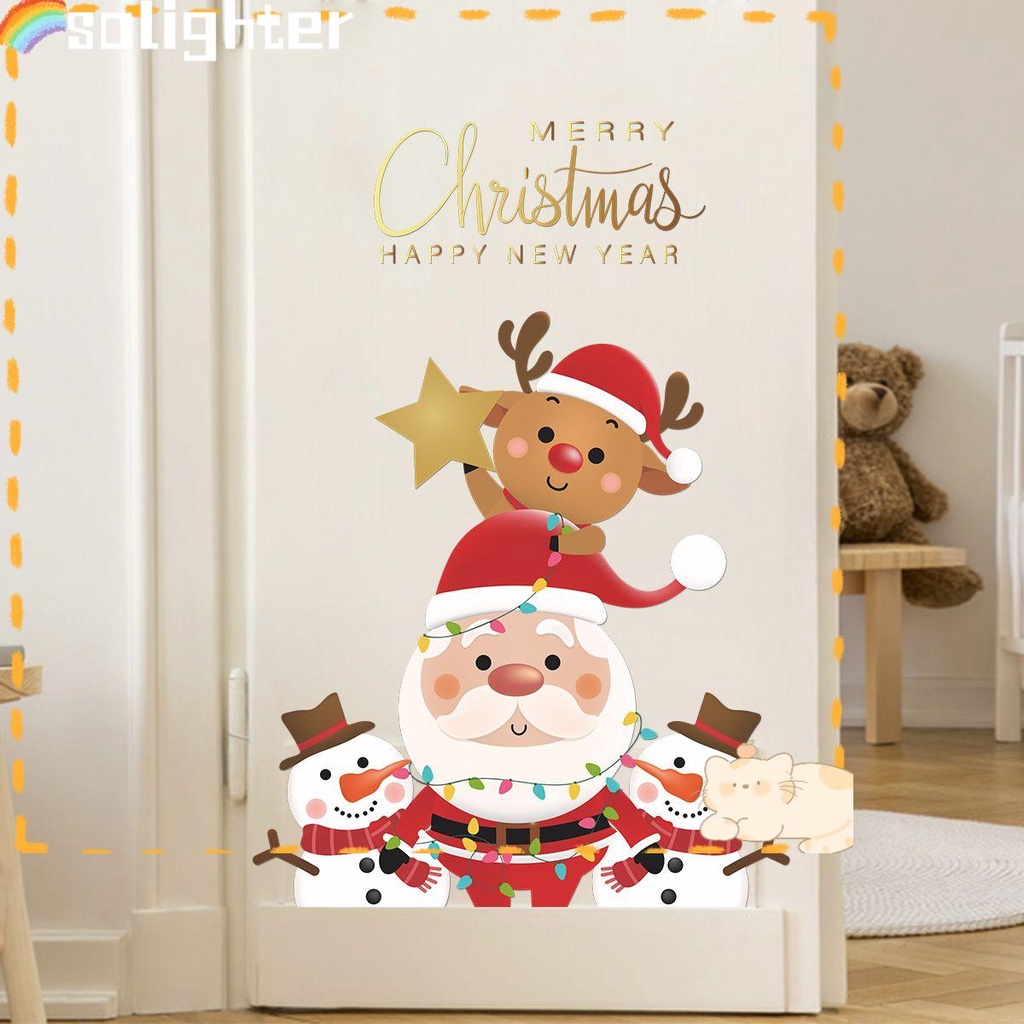 Solighter Stiker Dinding Dekorasi Rumah Merry Christmas Santa Claus Snowman Xmas Poster Pintu