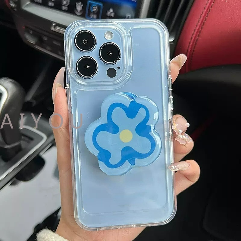 IPHONE Casing Hard Case Bening Tahan Guncangan Mewah Untuk Iphone13 14 12 Pro Max11 X XR XS 7 8 Plus Pelindung Lensa Kamera Transparan Soft Cover+Phone Holder Bunga Biru