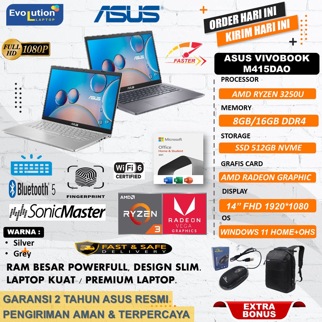 Laptop Desain Asus Vivobook 14 M415DAO Amd Ryzen 3 3250 Ram 16GB SSD 512GB 14 FHD WINDOWS 11 + OHS