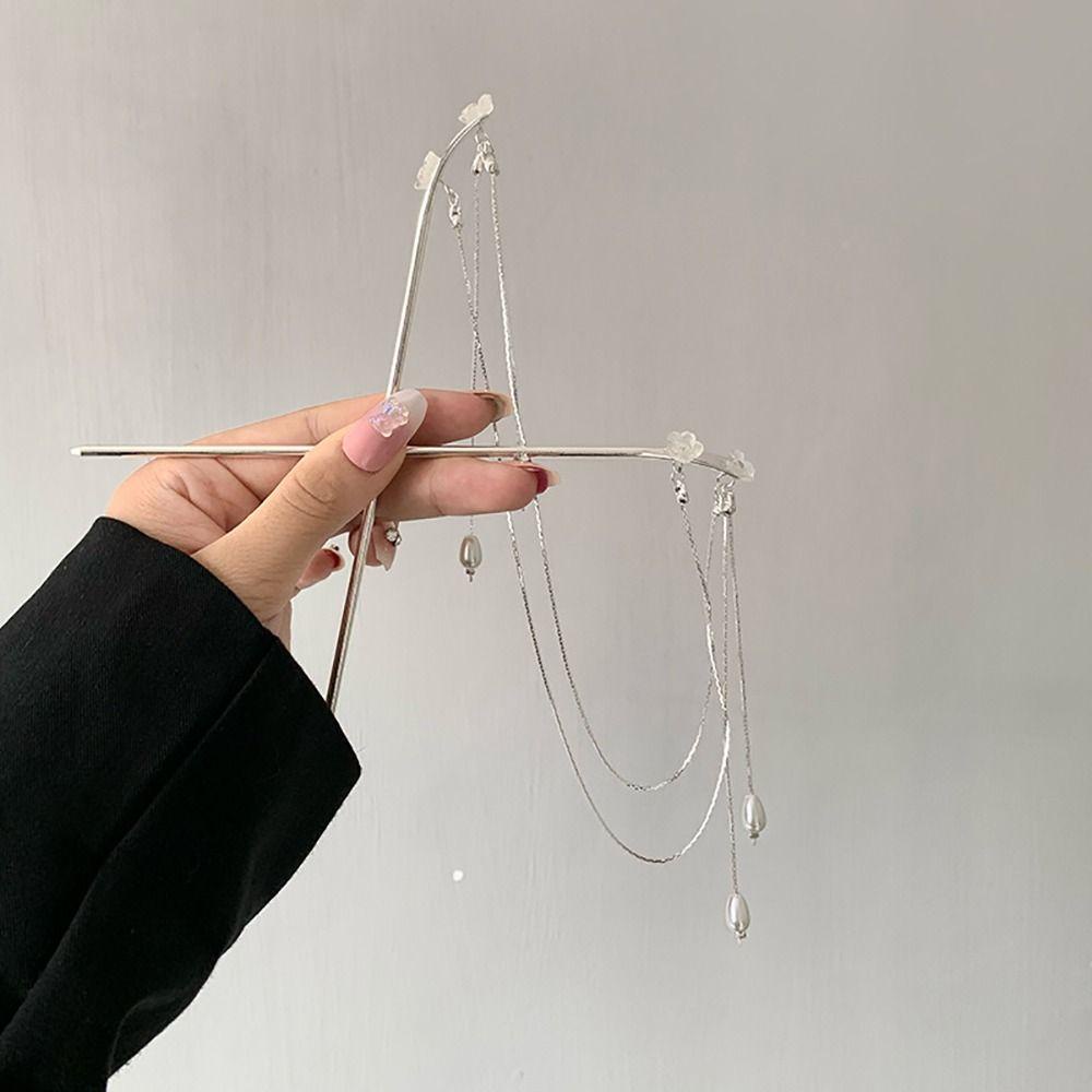 Needway Double Rumbai Rambut Tongkat Temperamen Hanfu Hiasan Kepala Vintage Bunga Hiasan Kepala Ponytail Holder Untuk Pria Mutiara Rambut Insert Rambut Garpu