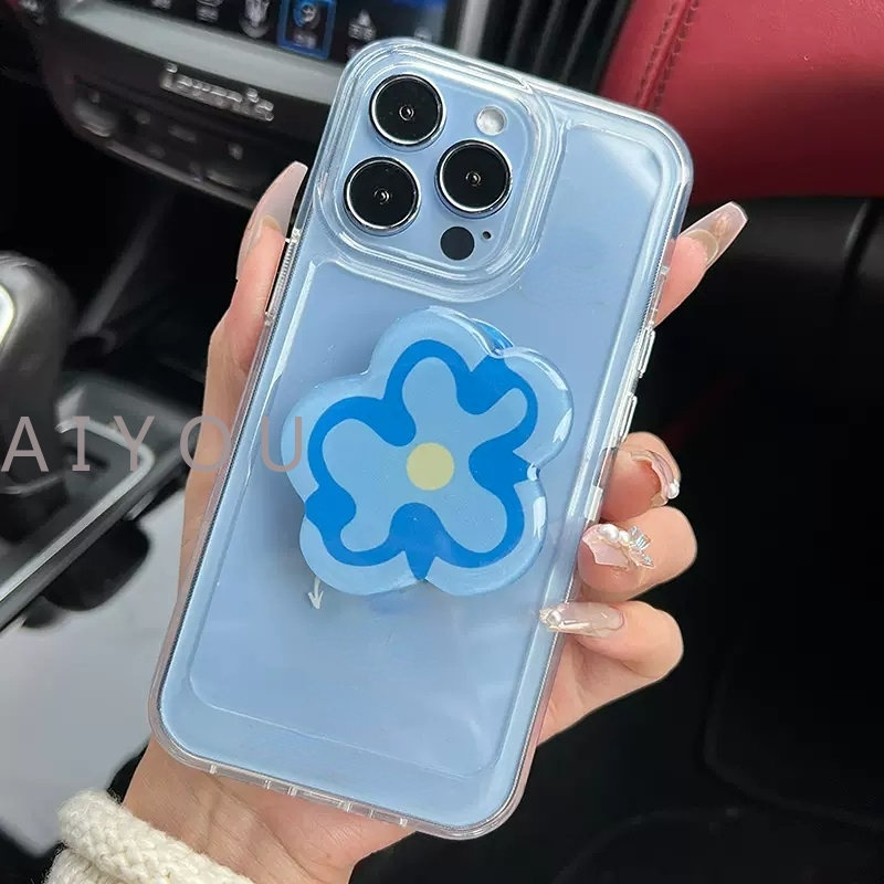 IPHONE Casing Hard Case Bening Tahan Guncangan Mewah Untuk Iphone13 14 12 Pro Max11 X XR XS 7 8 Plus Pelindung Lensa Kamera Transparan Soft Cover+Phone Holder Bunga Biru