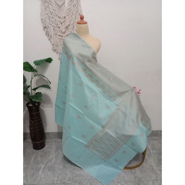 songket silungkang warna biru soft tembaga