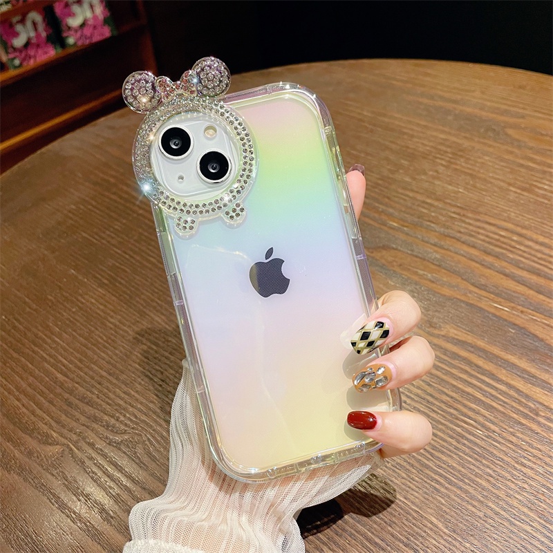 Casing Ponsel Bunga Berlian Mickey Kartun Lucu Untuk IPhone 14 Pro Max13 12 11 X XS Max XR Fashion Grid Transparan Lembut Shockproof Cover