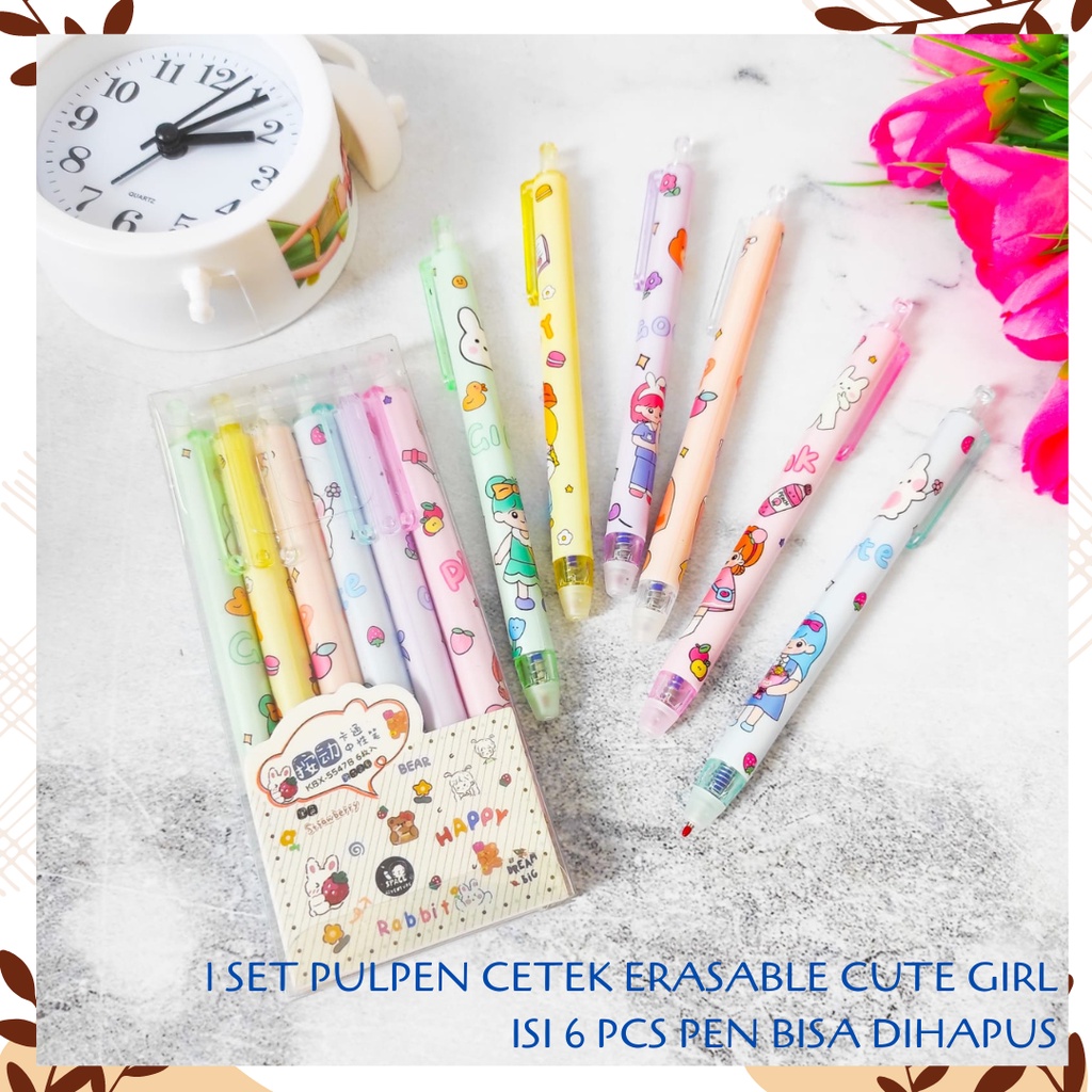 

1 SET PULPEN CETEK CUTE GIRL ISI 6 PCS PEN ALAT TULIS BOLPOIN PEN GEL KARAKTER CEWE LUCU PENA