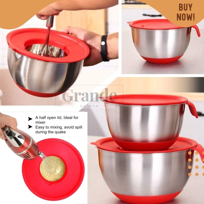 Silicone NON SLIP Mixing Bowl Stainless Plus Tutup 24cm baskom 4.5L