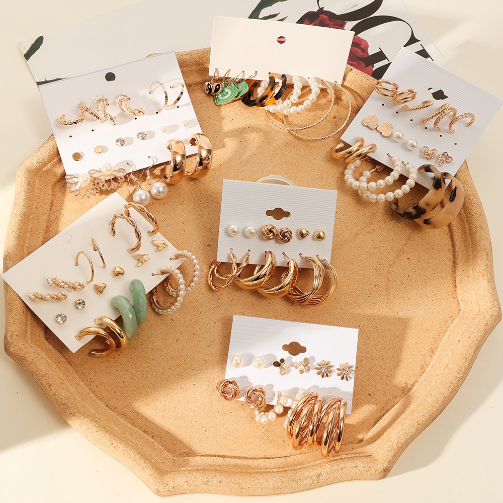 6per18/36pasang Vintage Warna Emas Mutiara Anting Hoop INS Gaya Anting Mini Set Sederhana Berlian Imitasi Stud Earrings Wanita Perhiasan Trendi