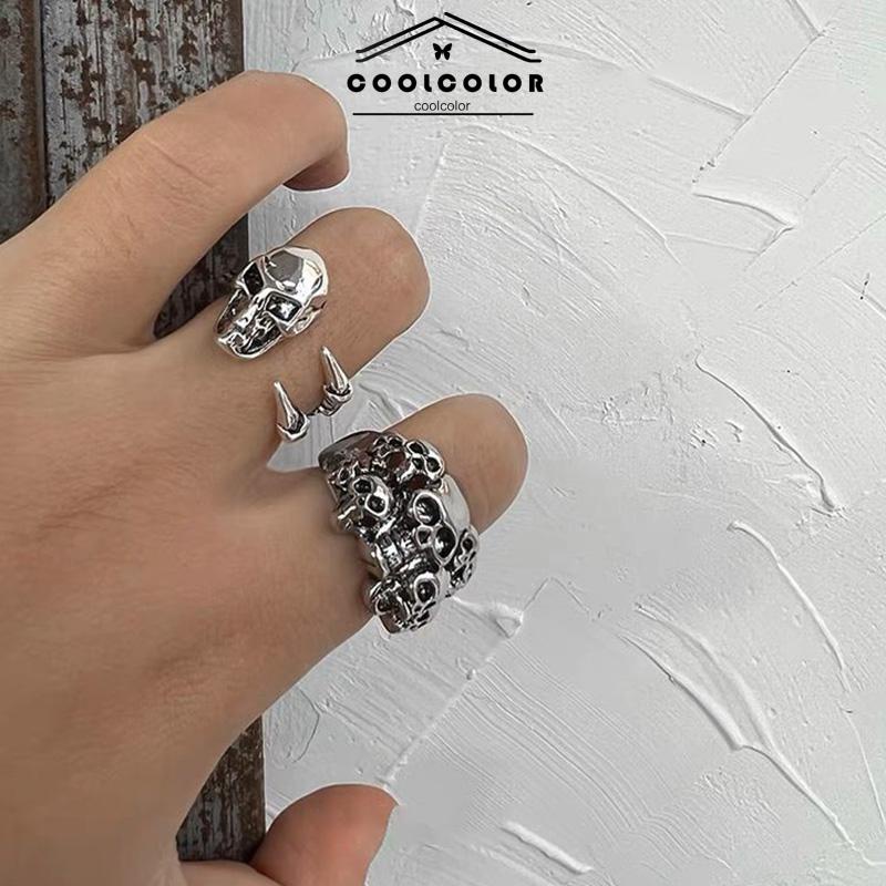 COD❤️Cincin Motif Tengkorak Kepala Bahan Stainless Steel Gaya Retro Punk Ajustable Rock Hip Hop Fashion Untuk Pria- cl