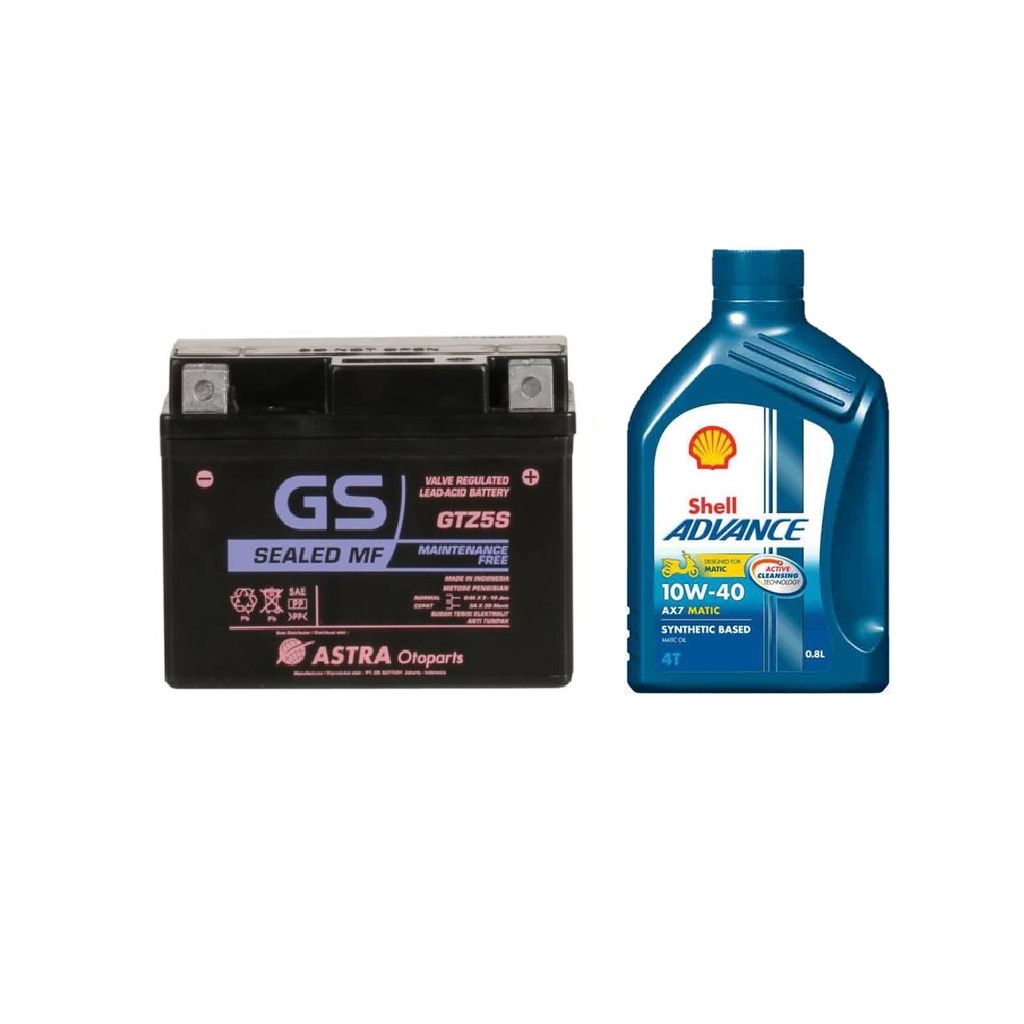 Paket Aki GS GTZ5S MF dan Oli Shell Advance AX7 SC 10W40 0.8L