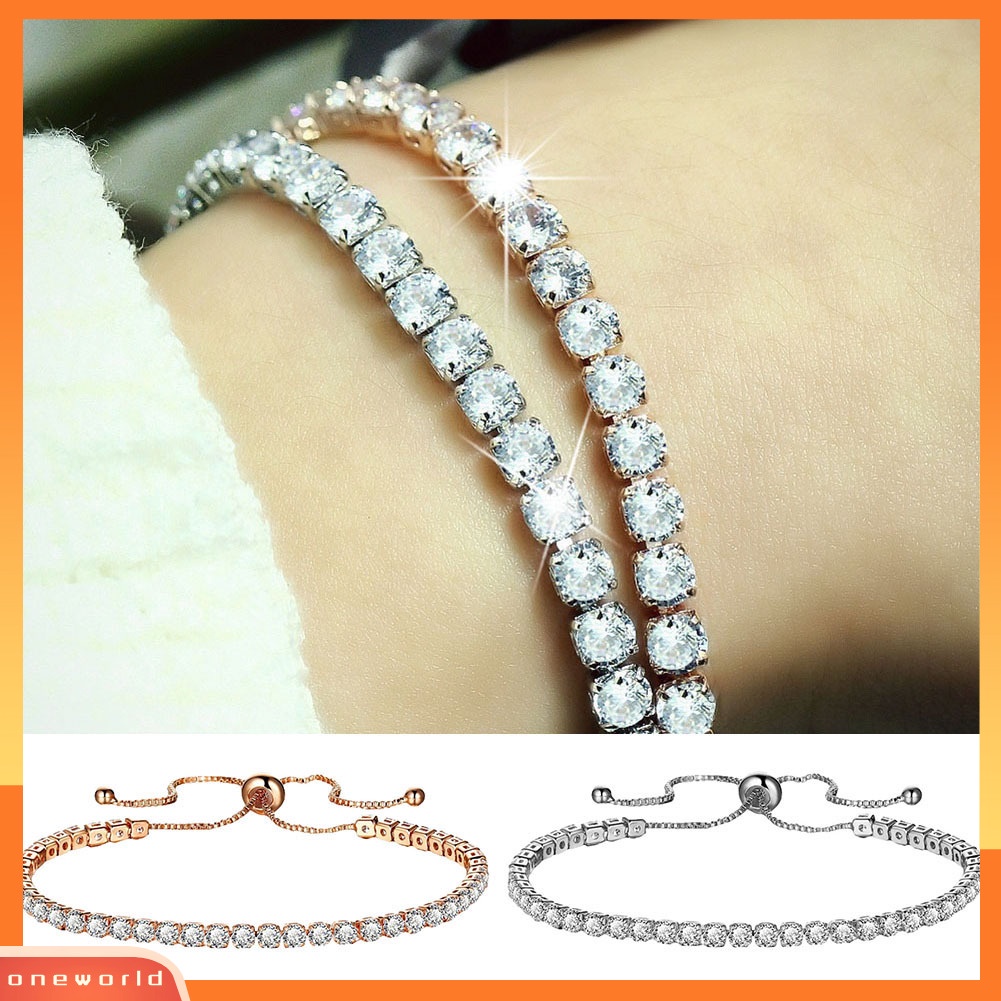 {oneworld} Mewah Cubic Zircon Baris Tunggal Tarik Slider Gelang Wanita Adjustable Bangle