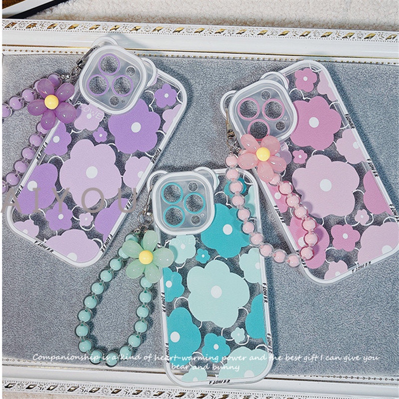 IPHONE Lucu 3D Pelangi Beruang Telinga Bunga Transparan Gantung Telepon Rantai Silikon Case Untuk Iphone14 13 12 11 Pro Max XR XS Bening Soft Cover