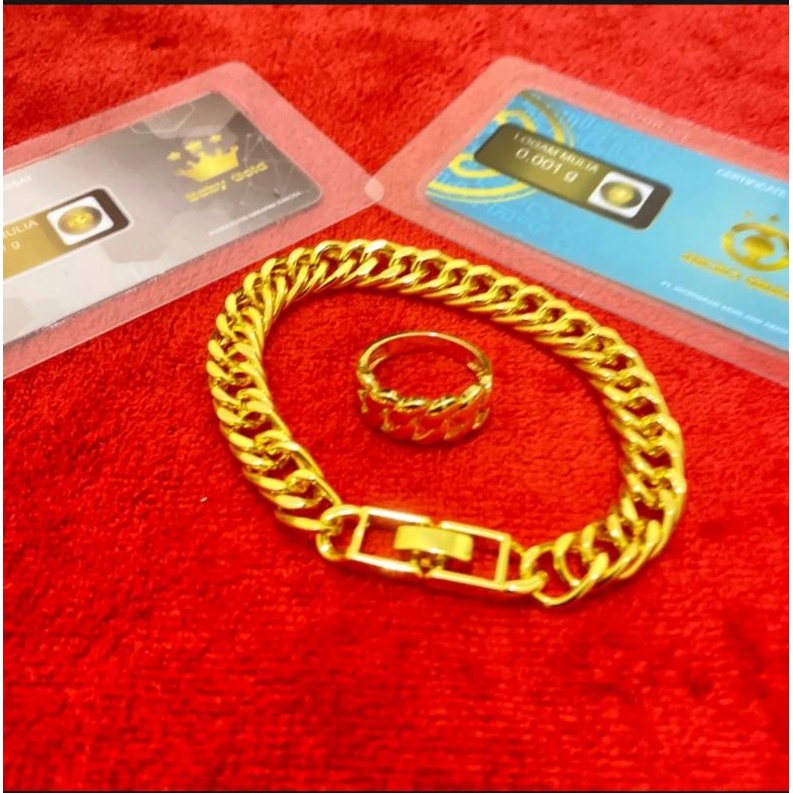 promo set gelang tangan dan cincin rantai lapis mas 24k bonus logam mulia