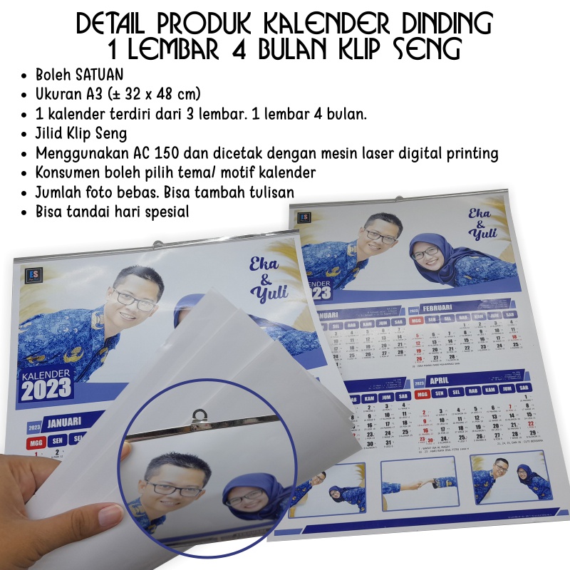 KALENDER DINDING 3 LEMBAR KLIP SENG (1 LEMBAR 4 BULAN)