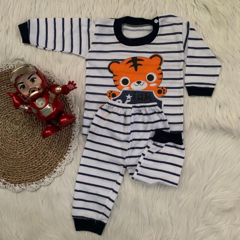 Setelan baju bayi motif TIGER setelan piyama lengan panjang usia 3-15 bulan kancing bahu