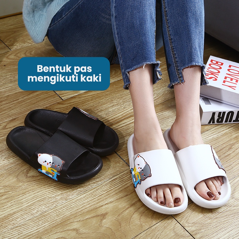 Mainland Sandal Slip On Wanita Sendal Karet Rumahan Model Kucing Lucu Sandal Comfy Kekinian HSN143