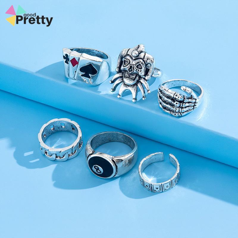6PCS/Set Cincin Unisex  Punk Membesar-besarkan  Badut Poker Cakar Hantu Tengkorak  Perhiasan Bulat Nomor 8 - PD
