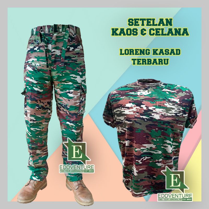 Satu Set Setelan Baju Kaos Dry Fit Lengan Pendek Celana Panjang Pdl Cargo Pria Loreng Kasad Terbaru Bahan Velbed Balotelli TNI AD Tentara Militer Tad Pria Wanita Tactical Outdoor Eddventure