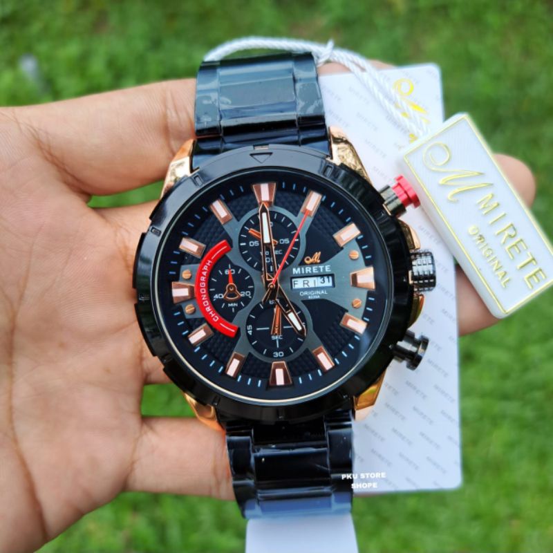 (Mirete Original)✅Jam Tangan Pria Super Mewah Terbaru Tali Rantai Stainlees Anti Air Fitur Tanggal Hari Aktif Bestseller || Jam Tangan Fashion Pria Formal Kekinian Lagi Viral Model Analog Quartz murah dan simple Bisa cod