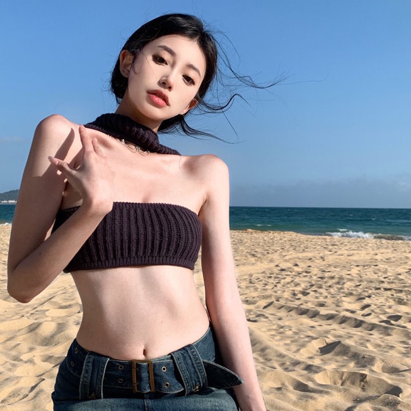 ☈Eropa dan Amerika In Tide Hot Girls Menggantung Leher Tube Top Kamisol Rompi Kecil Wanita Musim Panas Pendek Gaya Di Dalam dan Di Luar Memakai Kemeja Top