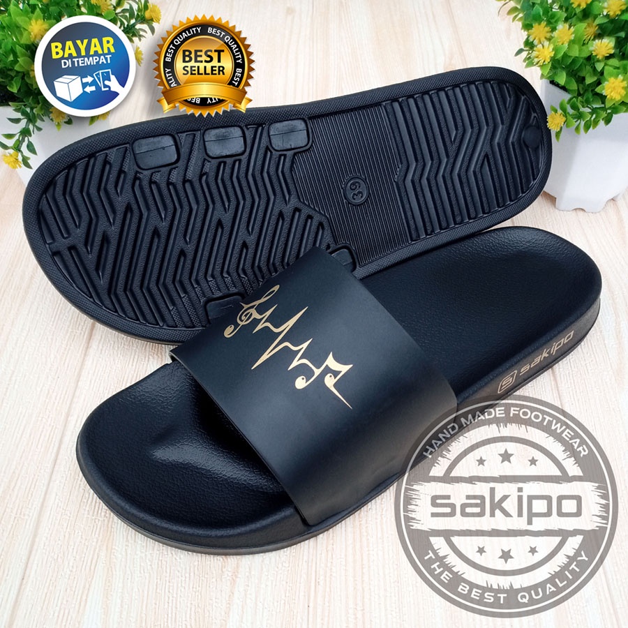 PROMO 2.2 COD SALE !! SANDAL DISTRO KEREN KEKINIAN PRIA DEWASA REMAJA SLIDE HITAM EMAS MOTIF FREKUENSI NADA / SENDAL SLIDE MURAH TERBARU / SENDAL TAHAN AIR TERMURAH / SAKIPO