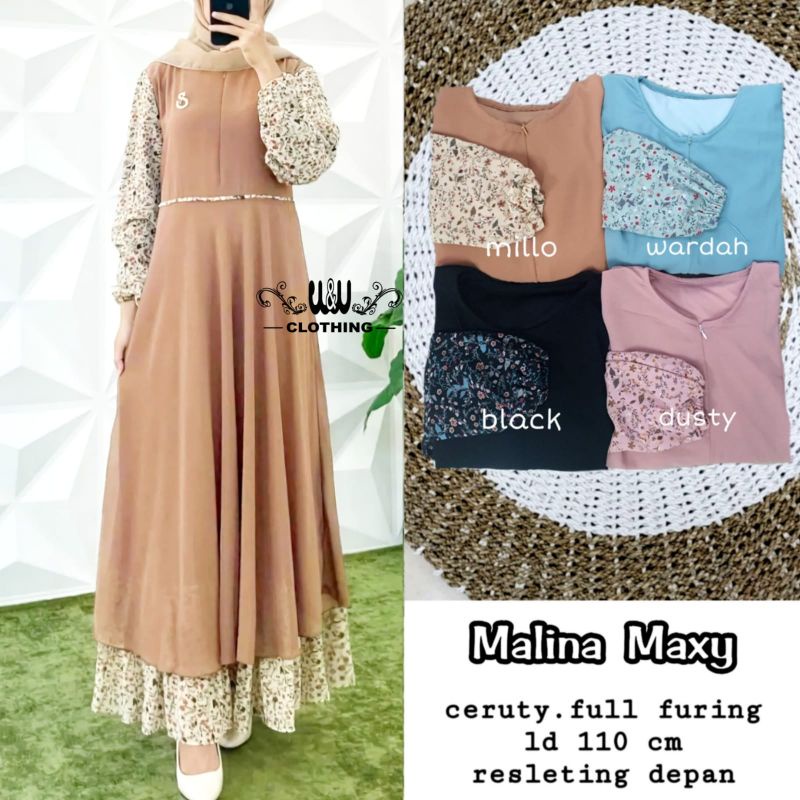 Gamis kasual wanita terbaru dress kondangan busui malina maxy LD 110 Bahan ceruty lapis furing