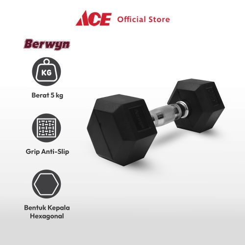 Ace - Berwyn Dumbbell Karet Hexagonal 5 Kg - Hitam Barbel Alat Fitness Gym Angkat Besi Peralatan Angkat Beban Perlengkapan Fitnes