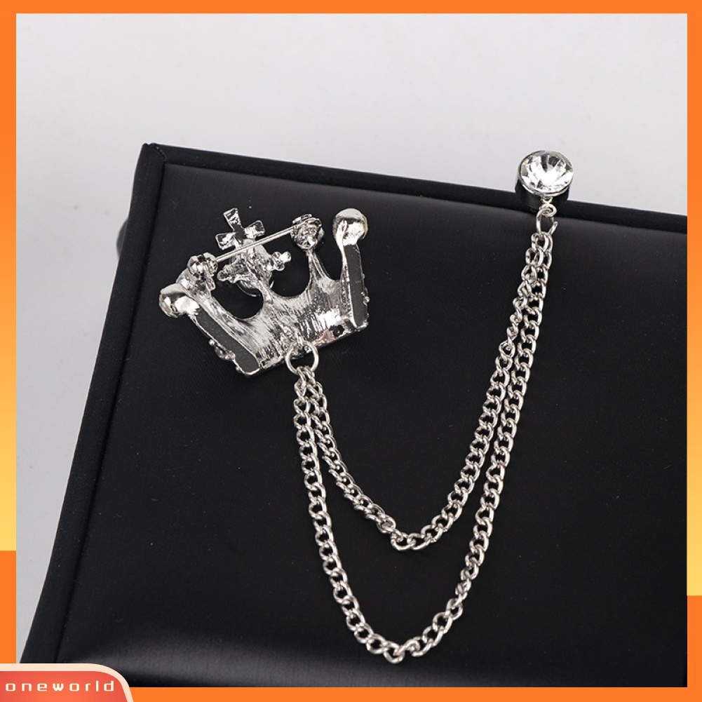 {oneworld} Unisex Bentuk Mahkota Bros Rumbai Rantai Kerah Pin Retro Korsase Aksesori Jas