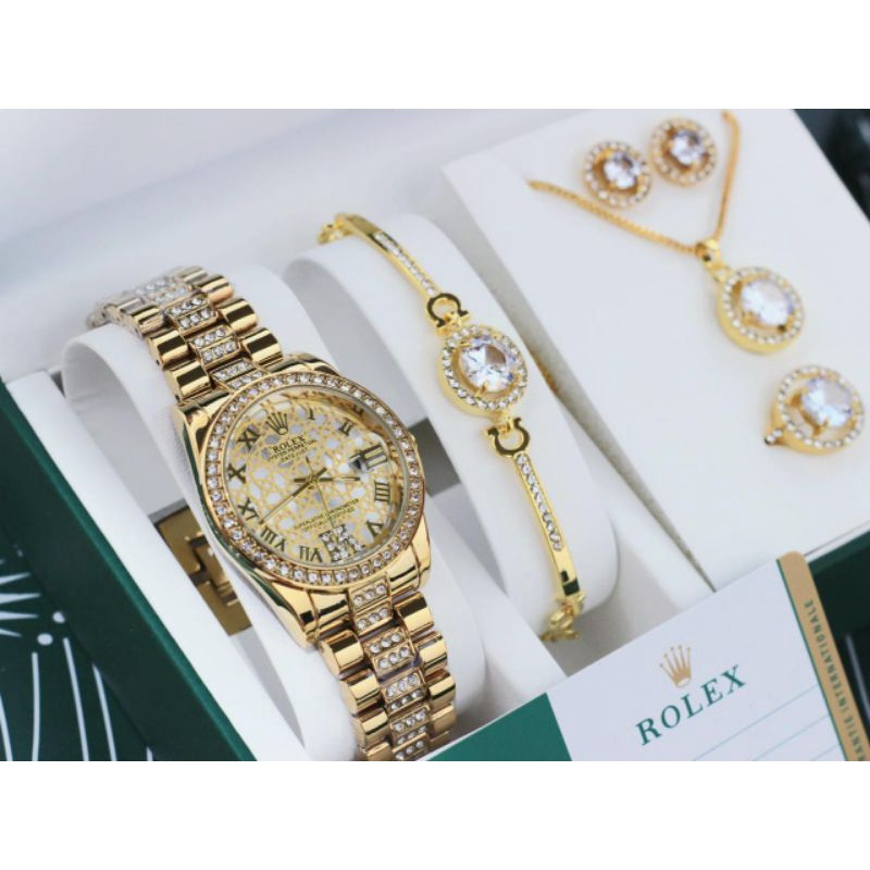 Jam Tangan Wanita Rolex Full Set-Jam Tangan Cewek Terbaru Full Aksesoris-Fashion Jam Tangan Wanita(G