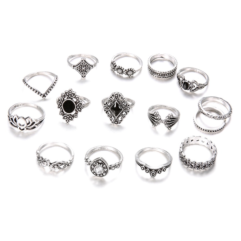 15pcs/set Cincin Untuk Anak Perempuan Hitam Set Cincin Fashion Perhiasan Gaya Bohemian Bague Pasangan Anillo Schmuck Aksesoris Untuk Wanita