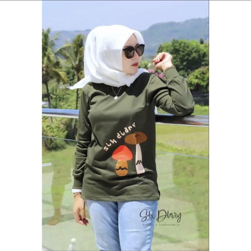 Baju Wanita Fashion wanita Kaos Wanita Atasan Wanita Kaos Lengan Panjang Wanita MOTIF JAMUR HIJAU AR