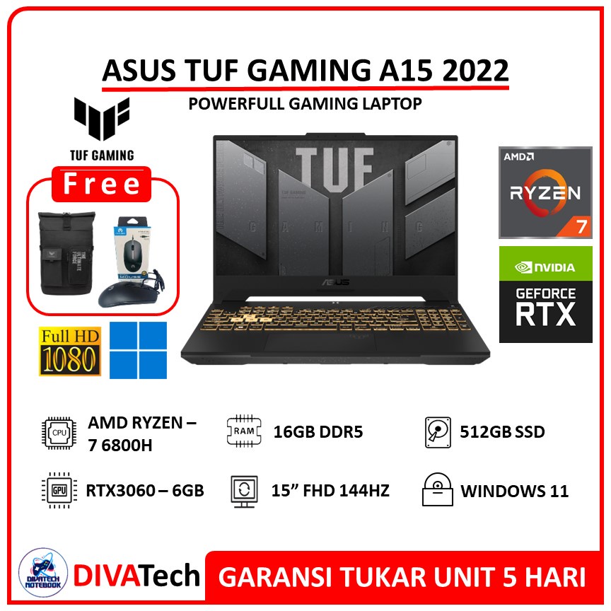 Asus TUF Gaming A15 FA507 2022 RTX3060 Ryzen 7 6800H 16GB FHD 144Hz