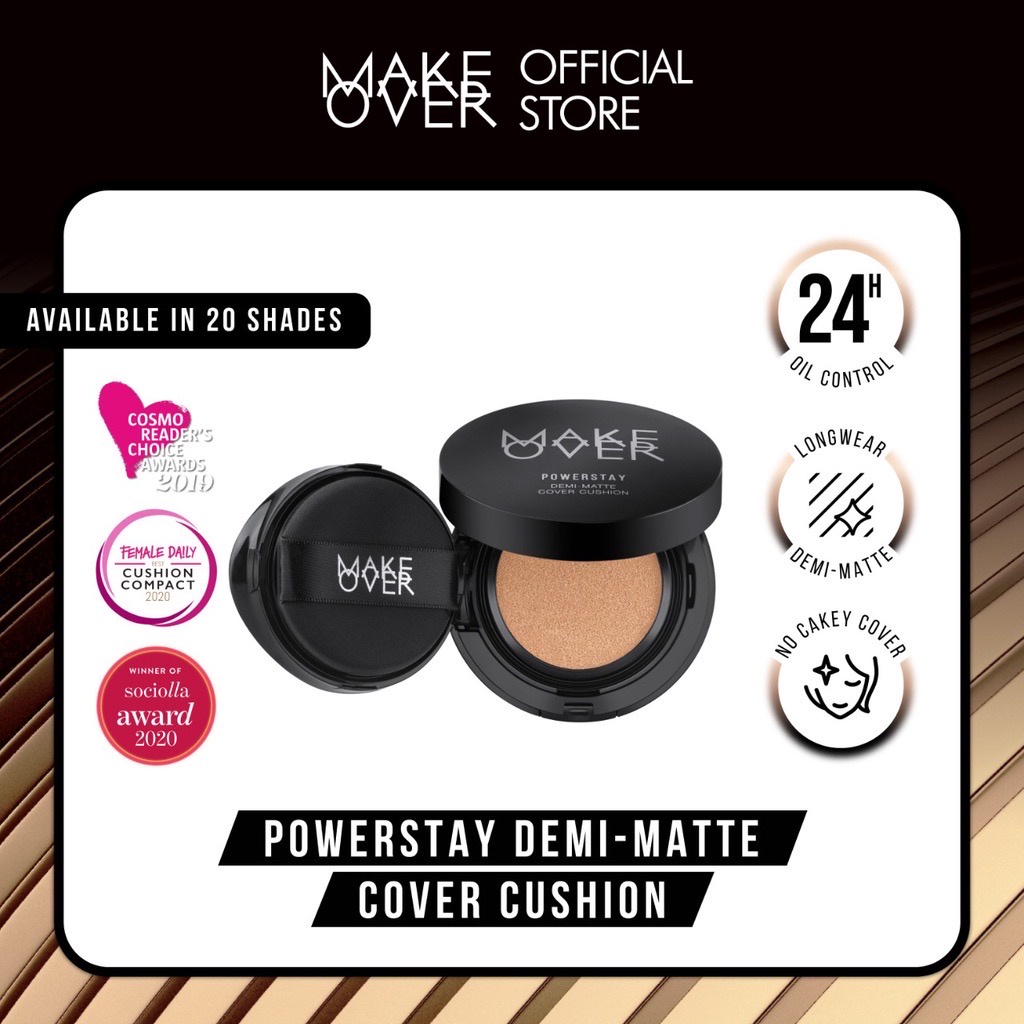 MAKE OVER Powerstay Demi-Matte Cover Cushion Indonesia / Cushion 15g / 24H Oil Control Longwear Demi Matte No Cakey Cover / Normal To Oily Skin / Ivory Natural Beige Sand Tan / Makeup Cosmetic Face Make Up Kosmetik Wajah Muka  / Makeover Hydra Stay Series