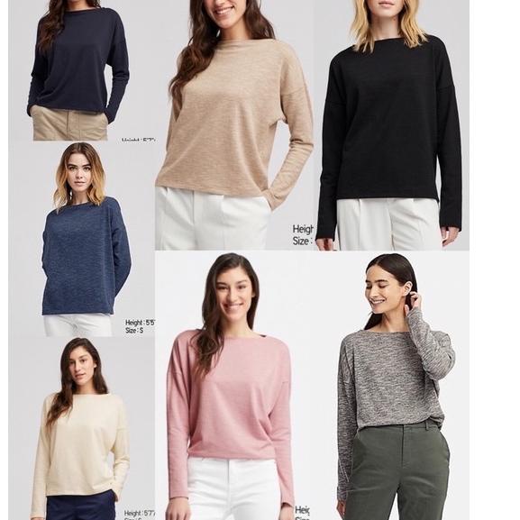 Termurah  Uniqlo Stretch Slub Boat Neck Long Sleeve Tshirt Sweater Wanita Lengan Panjang