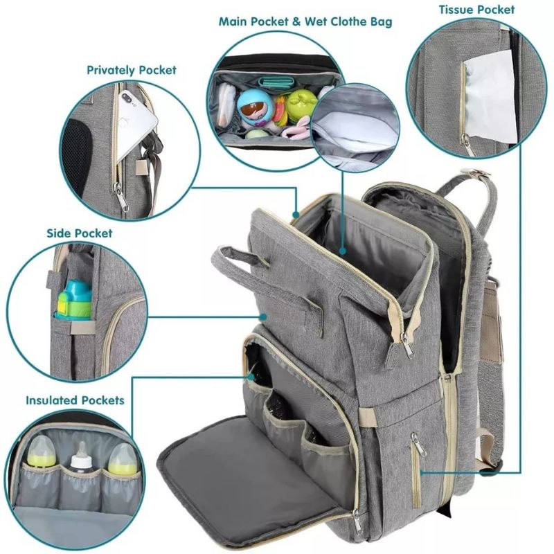 TAS RANSEL PERLENGKAPAN BAYI MULTIFUNGSI DENGAN TEMPAT TIDUR BAYI LIPAT / DIAPERS BAG RANSEL BACKPACK BAYI ANTI AIR