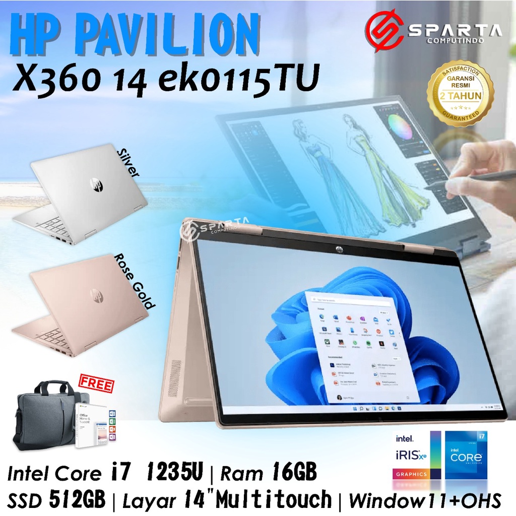 Laptop 2in1 HP Pavilion x360 14-ek0115TU i7 1235U 16GB 512GB 14″ Touch Win 11 Home+OHS 2021