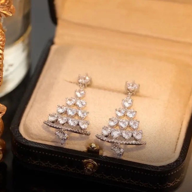 Mewah Pohon Natal Kristal Zirkon Anting Telinga Stud Drop Menjuntai Wanita Perhiasan