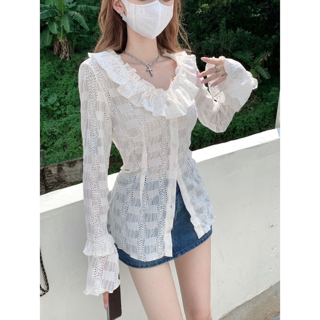 Red 2022 Ruffled V-neck Lengan Panjang Chic Kemeja Wanita Musim Gugur Lembut Temperamen Desain Hollow Top Fashion