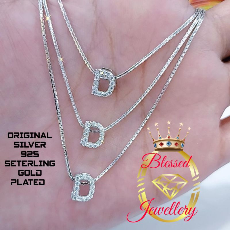 KALUNG PERAK ASLI 925 LAPIS EMAS MODEL ITALI SANTA LIONTIN HURUF D FULL PERMATA