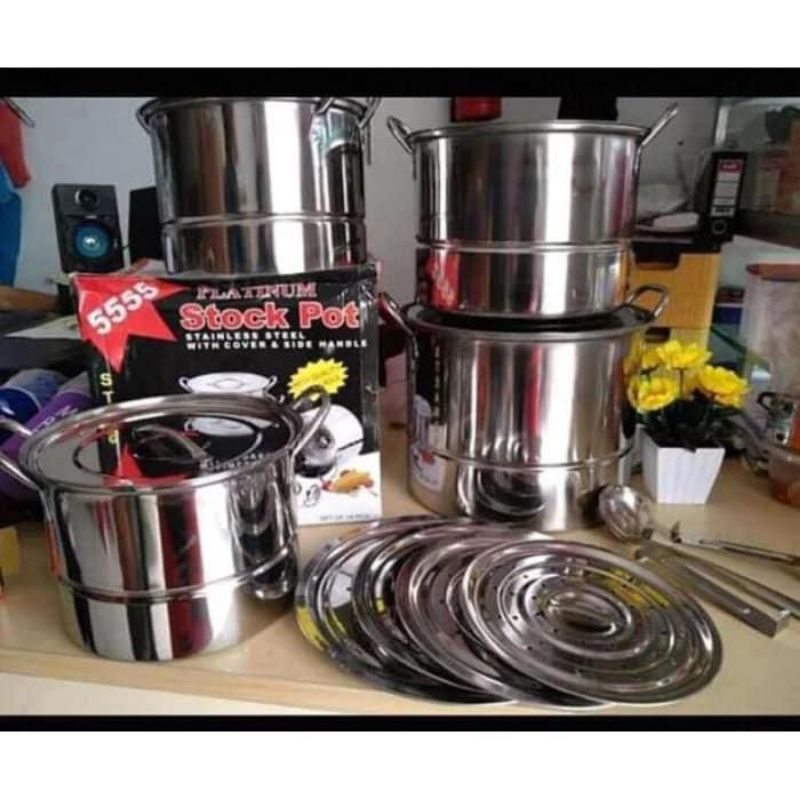 Dandang Stockpot 5555 Set 4 Pcs Stainless Steel Steamer Pot Platinum