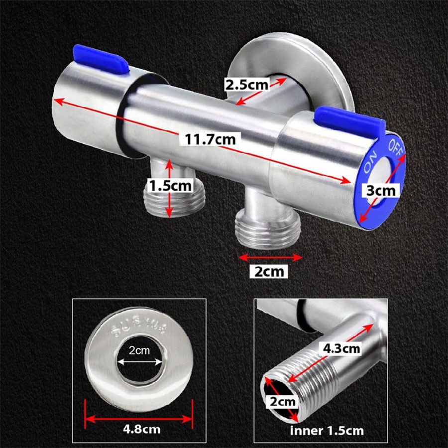 Kran Keran 2 Cabang Katup Double Stainless Sus 304 Stop Kran Shower Mandi Selang Mesin Cuci Tembok Angle Valve Air Toilet 2 Sisi