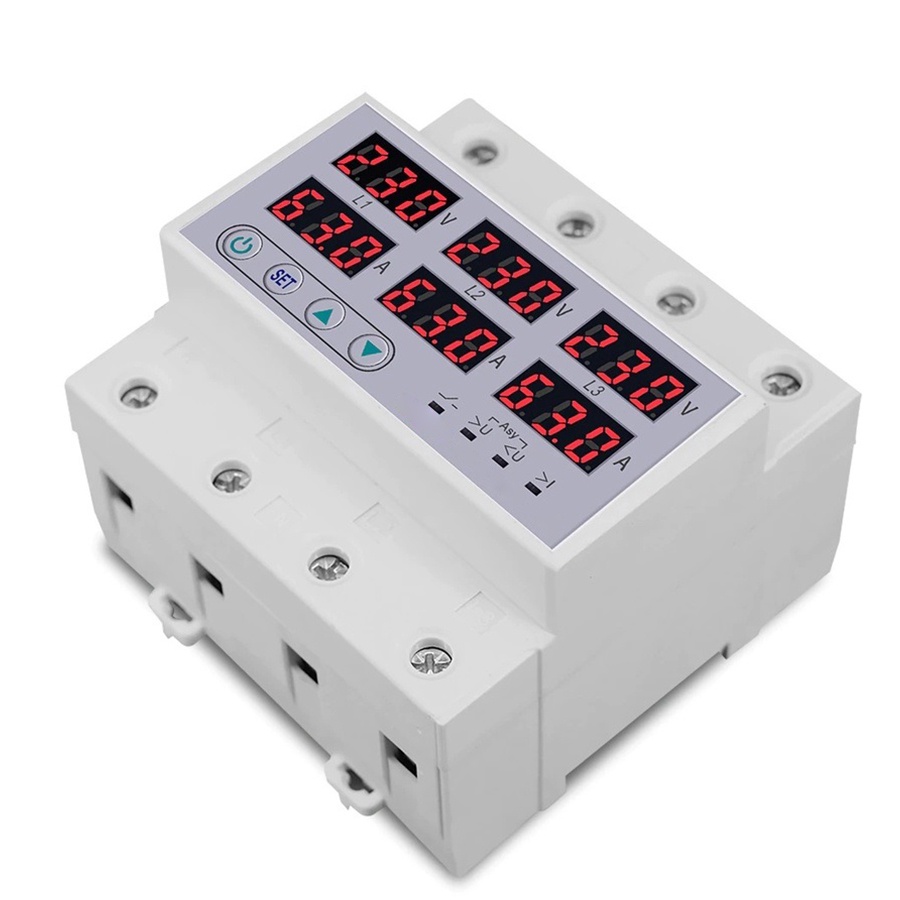 3 Phase 380V 3-63A Din rail Voltmeter Ammeter Adjustable Over and Under Voltage Current Limit Protection Monitor Relays Protector