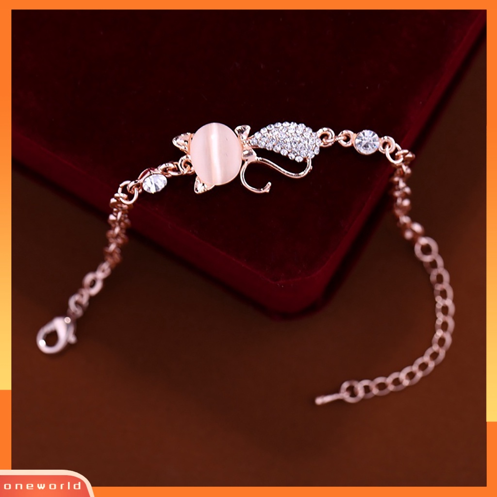 {oneworld} Perhiasan Rantai Gelang Bangle Berlian Imitasi Wanita Ladies Lovely Cat Pendant Opal Untuk Kehidupan Sehari-Hari