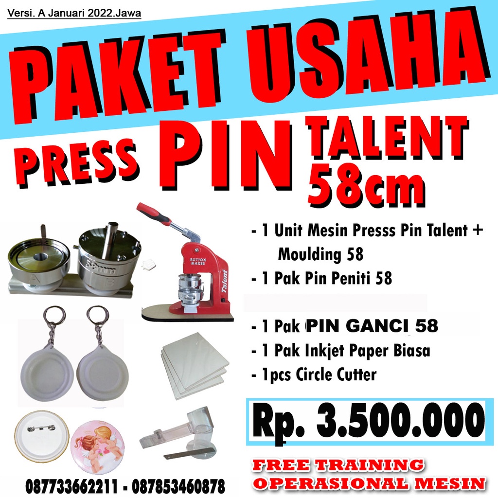 PAKET PRESS PIN TALENT  1 MOULDING / PRESS PIN TALENT / MESIN PIN BROSS / PIN BROSS 58 / PAKET USAHA