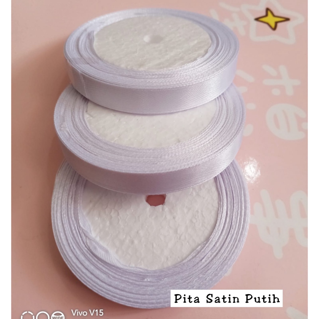 Pita Satin Warna Putih 1/2 INCH untuk pembungkus Kado / Parcel / Prakarya Sekolah